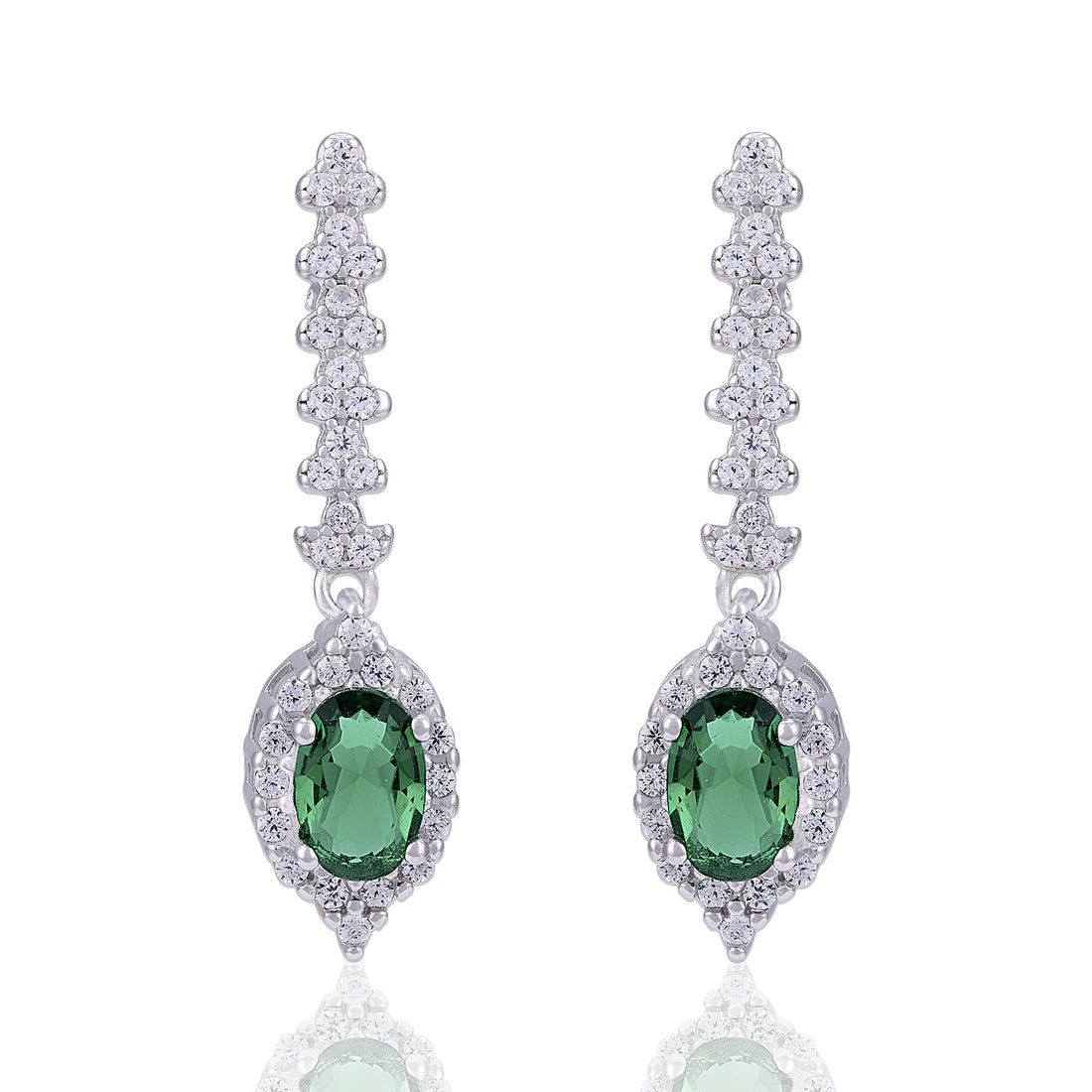 925 Sterling Silver Oval Green Stone and Halo Long Drop Earring for Women