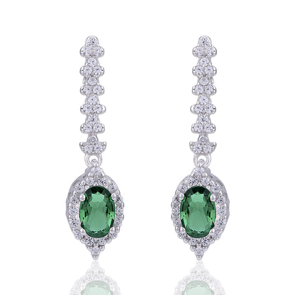 925 Sterling Silver Oval Green Stone and Halo Long Drop Earring for Women 