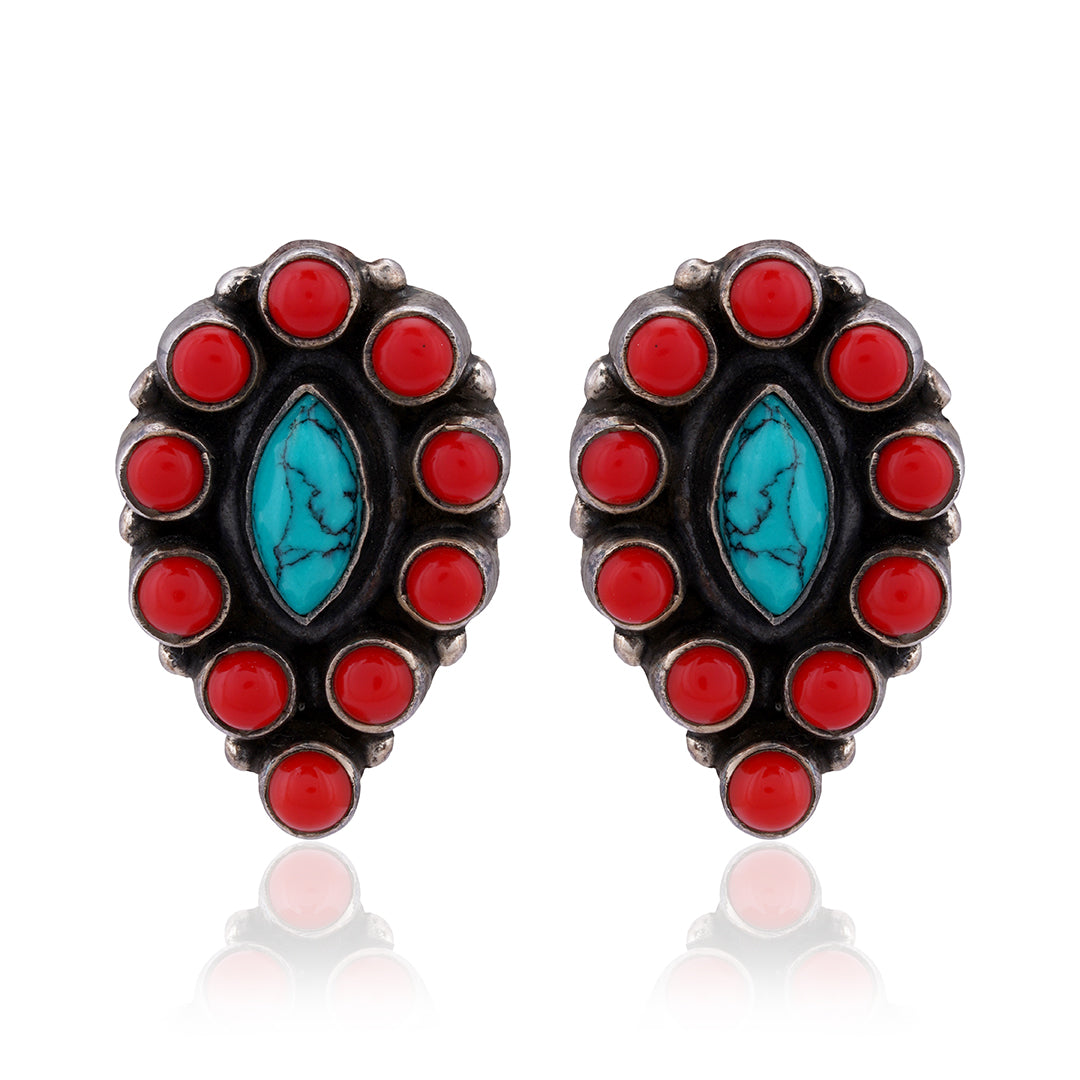 925 Sterling Silver Oxidised Coral Turquoise Earring 