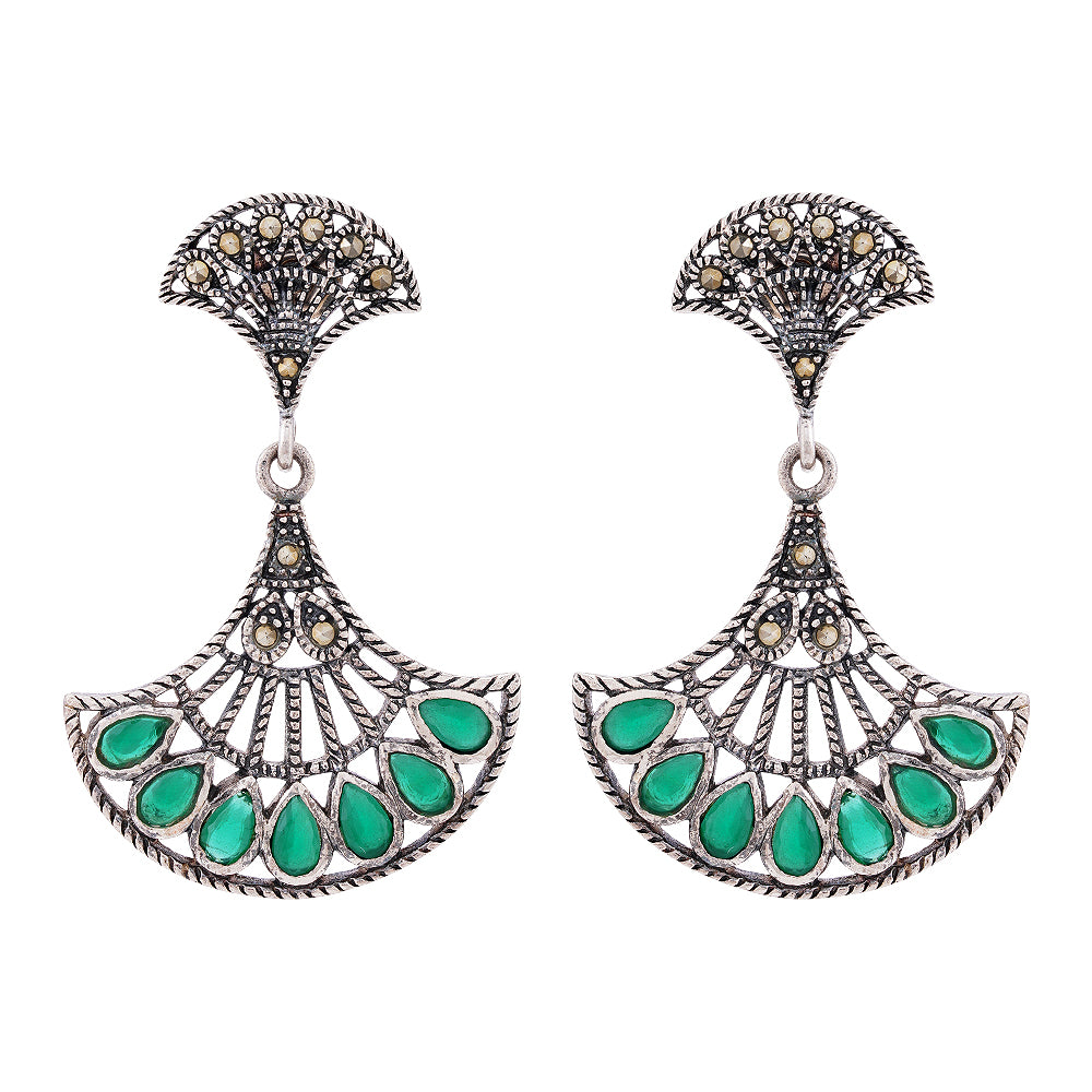 925 Sterling Silver Oxidised Marcasite Green Earring