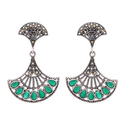 925 Sterling Silver Oxidised Marcasite Green Earring