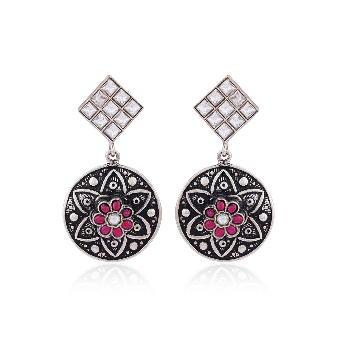 925 Sterling Silver Oxidised Red Polki Earring