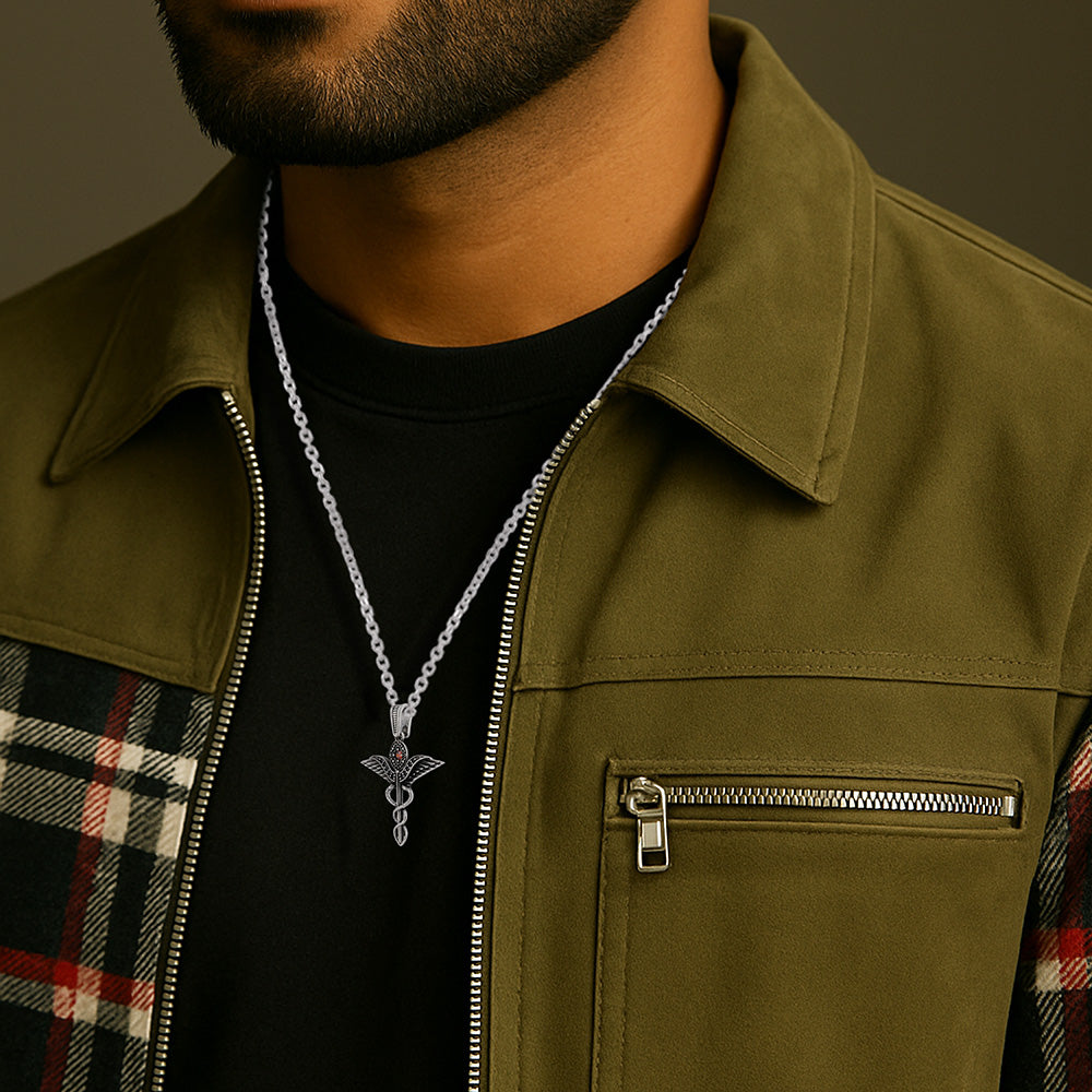 925 Sterling Silver Oxidized Caduceus Symbol Pendants for Men