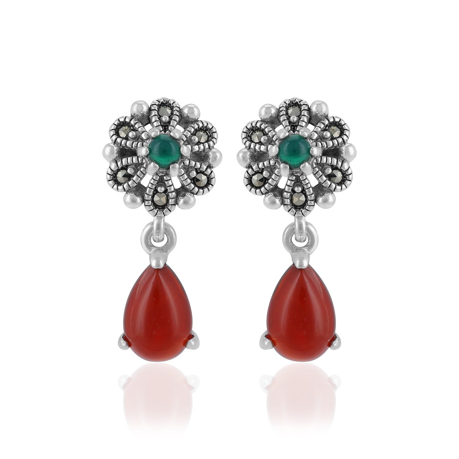 925 Sterling Silver Oxidized Floral Green Stone Red Drop Earrings For Women