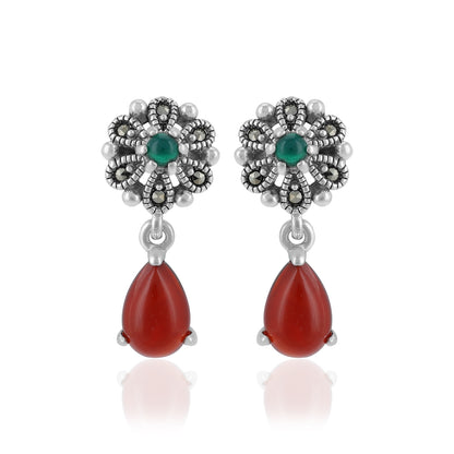 925 Sterling Silver Oxidized Floral Green Stone Red Drop Earrings For Women