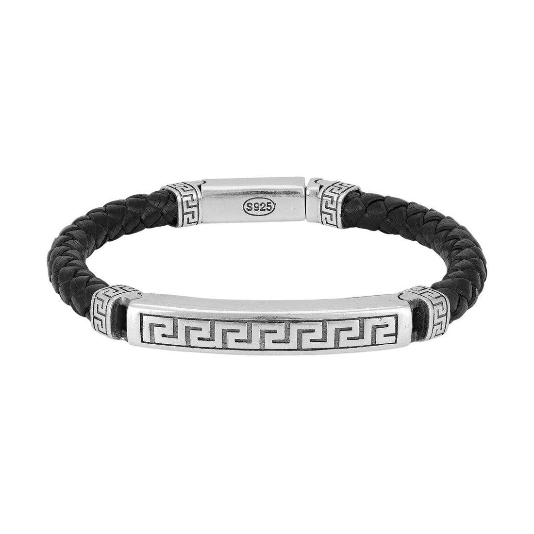 925 Sterling Silver Oxidized Greek Key Leather Bracelet For Men
