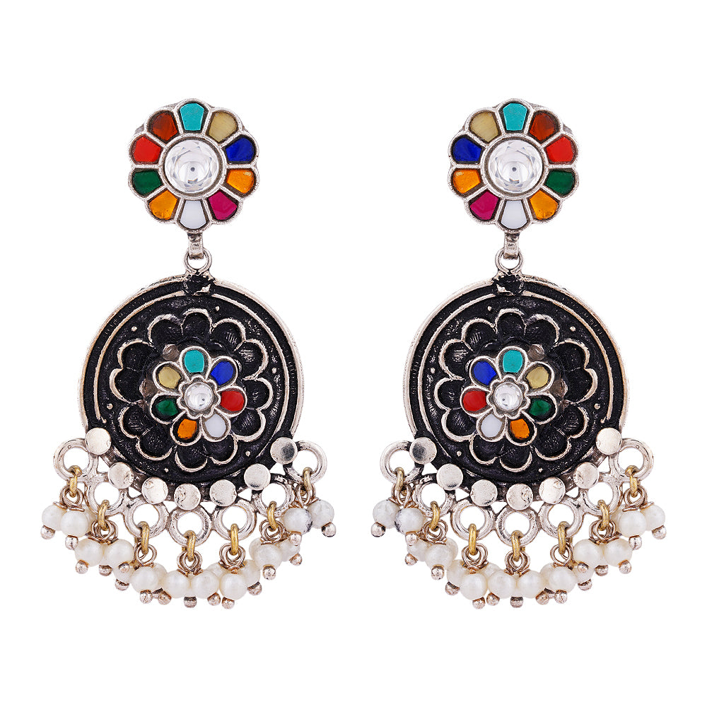 925 Sterling Silver Oxidized Navaratana Earring