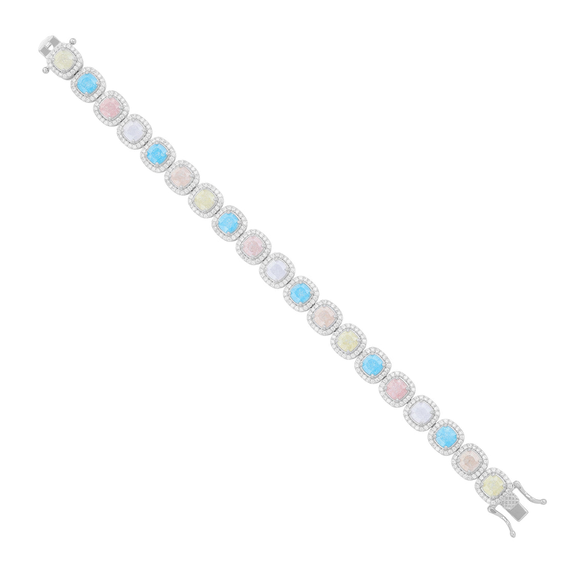 925 Sterling Silver Pastel Prism Halo Square Cut Rhodium Plated Bracelet for Women