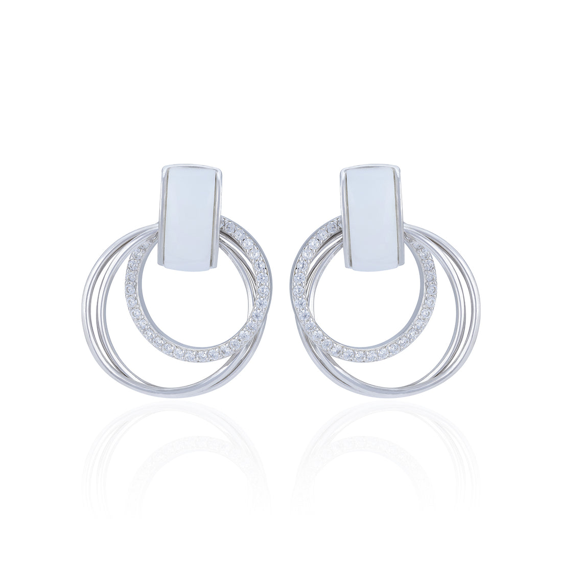Pair of silver hoop earrings with small stones on a white background