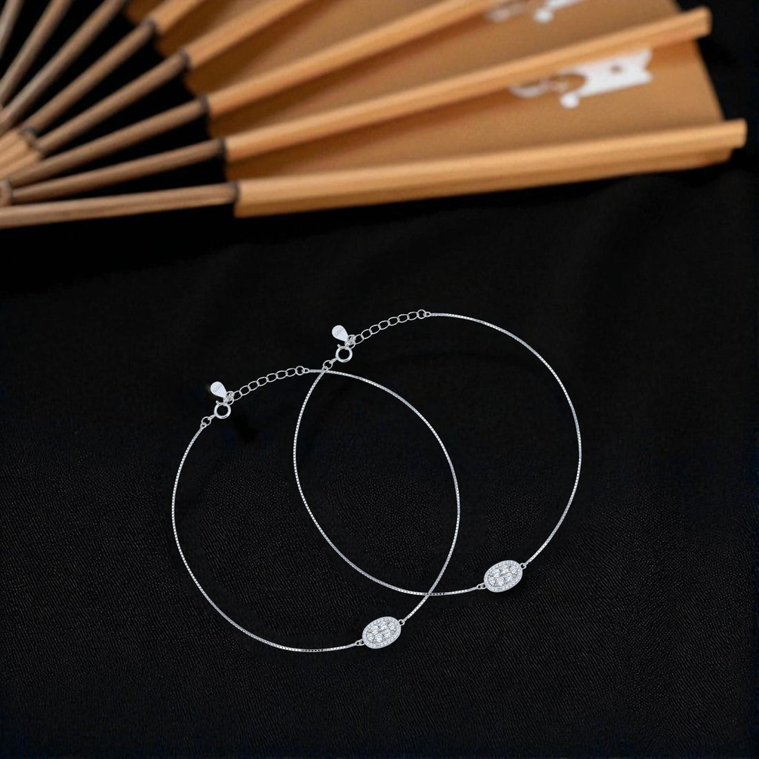925 SterlingSilver Pave Oval Centered  Anklets For Women