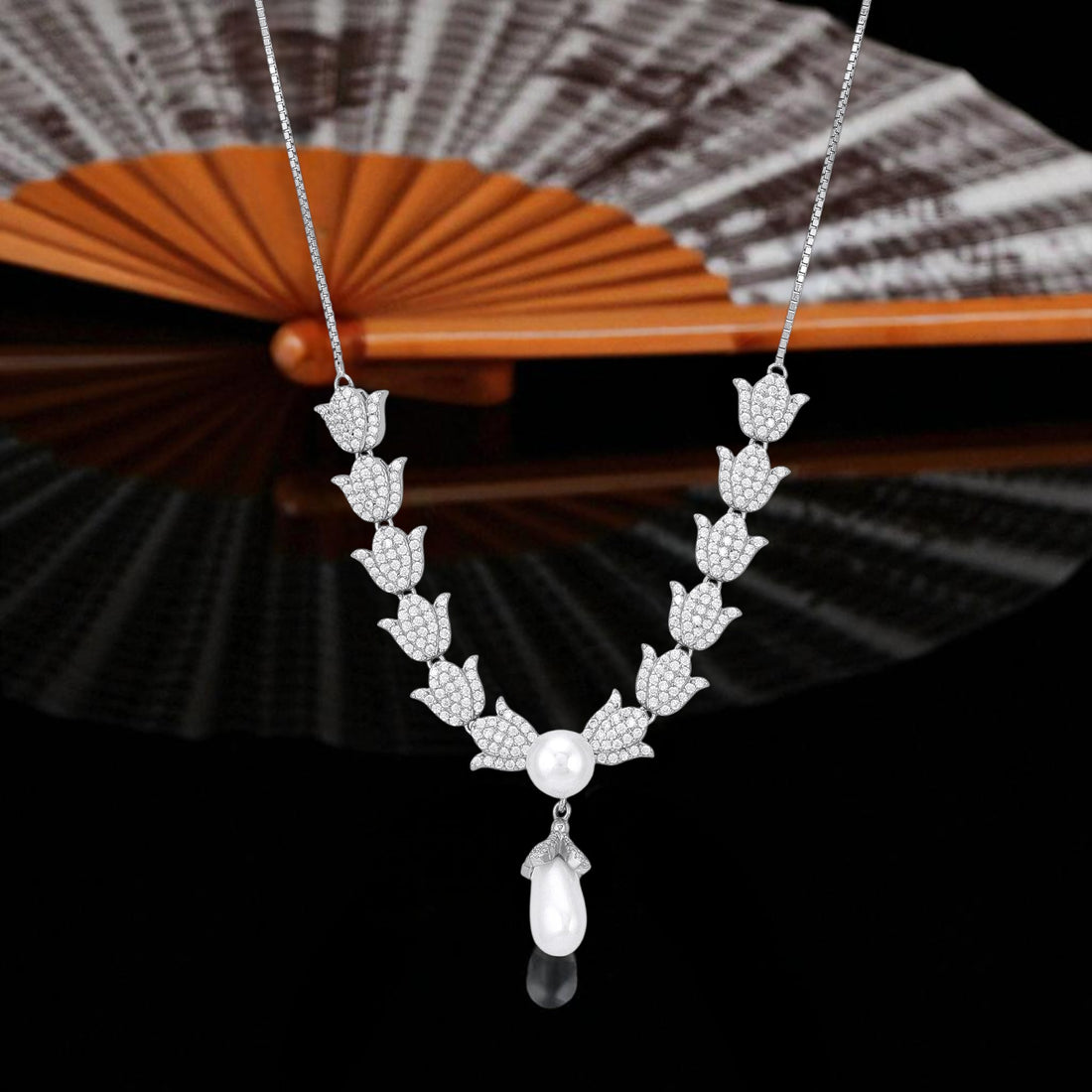 925 Sterling Silver Pave Tulip Collar Lustrous Pearl Drop Necklace for Women