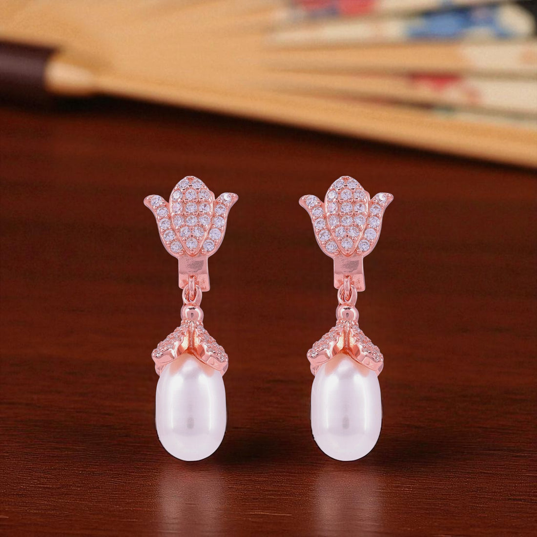 925 Sterling Silver Pave Tulip Pearl Drop Rose Gold Earrings for Women