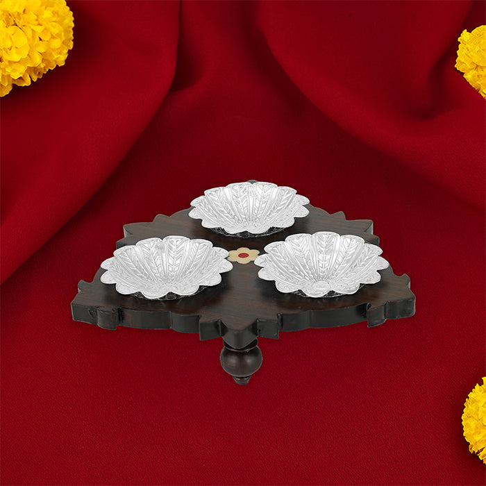 925 Sterling Silver Peacock Feather Pattern Three Bowls Rosewood Base For Pooja