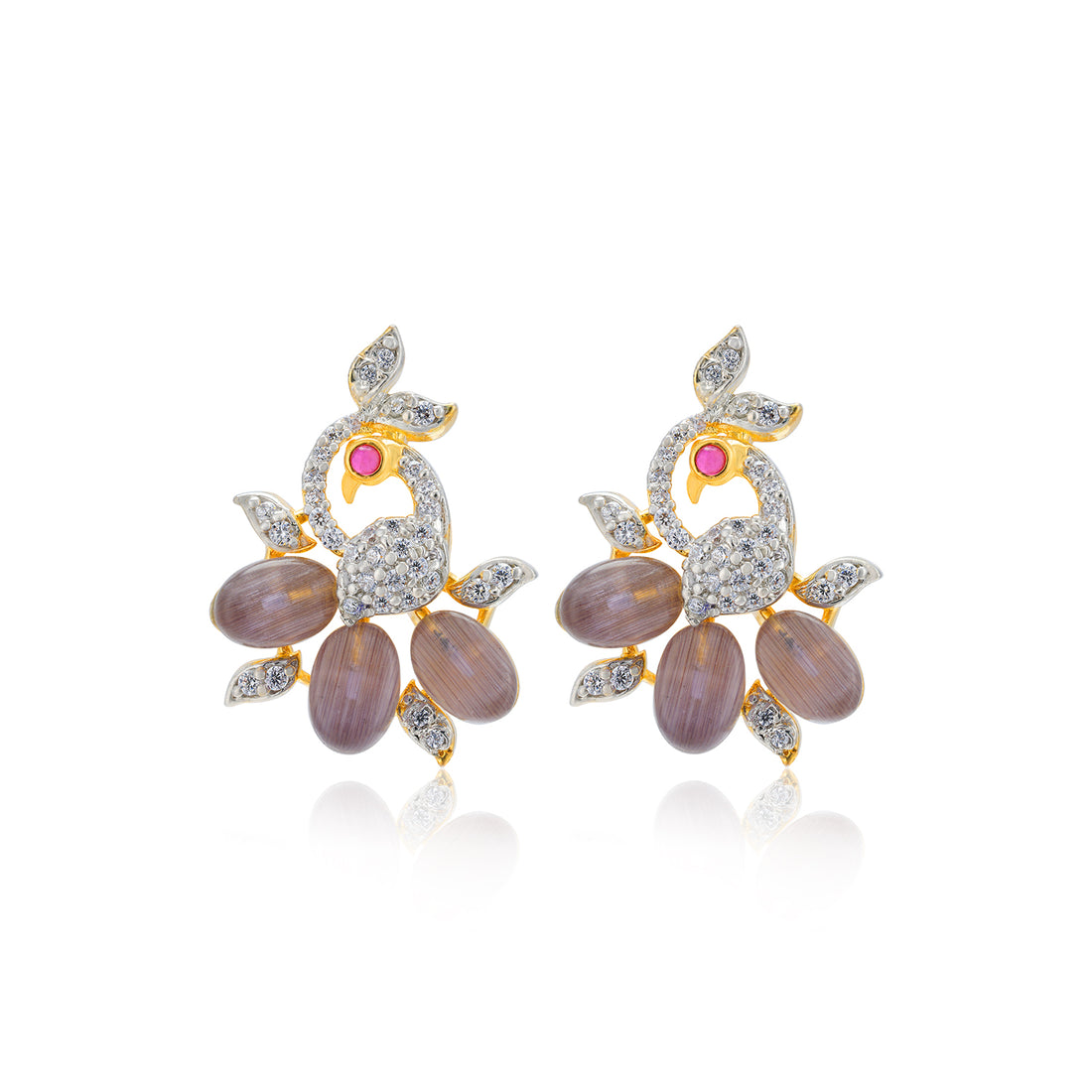 925 Sterling Silver Peacock Shape Grey Cabochon Drop Gold Plated Earrings For Women