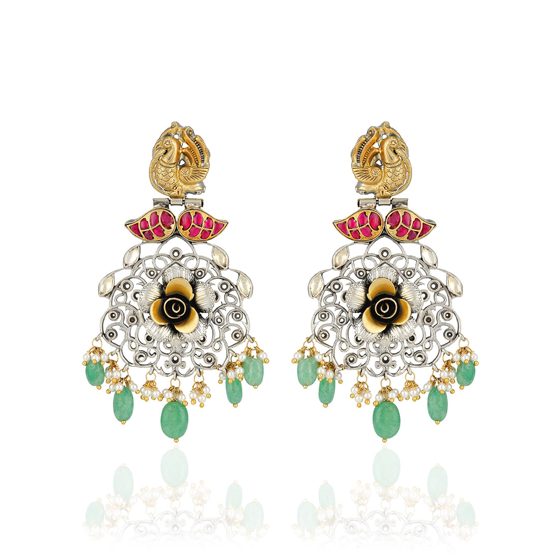 925 Sterling Silver Peacock With Dual Tone Floral Green Drops Earrings for Women