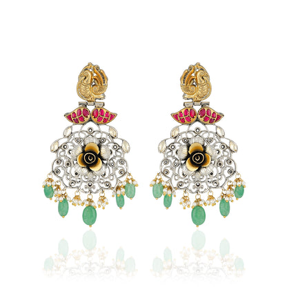 925 Sterling Silver Peacock With Dual Tone Floral Green Drops Earrings for Women