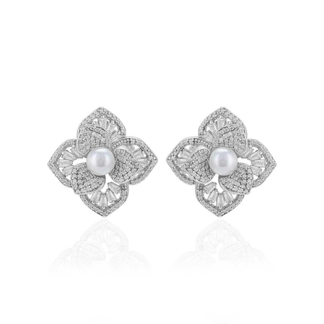 925 Sterling Silver Petal Luxe Central Pearl Glow Rhodium Plated Earrings For Women
