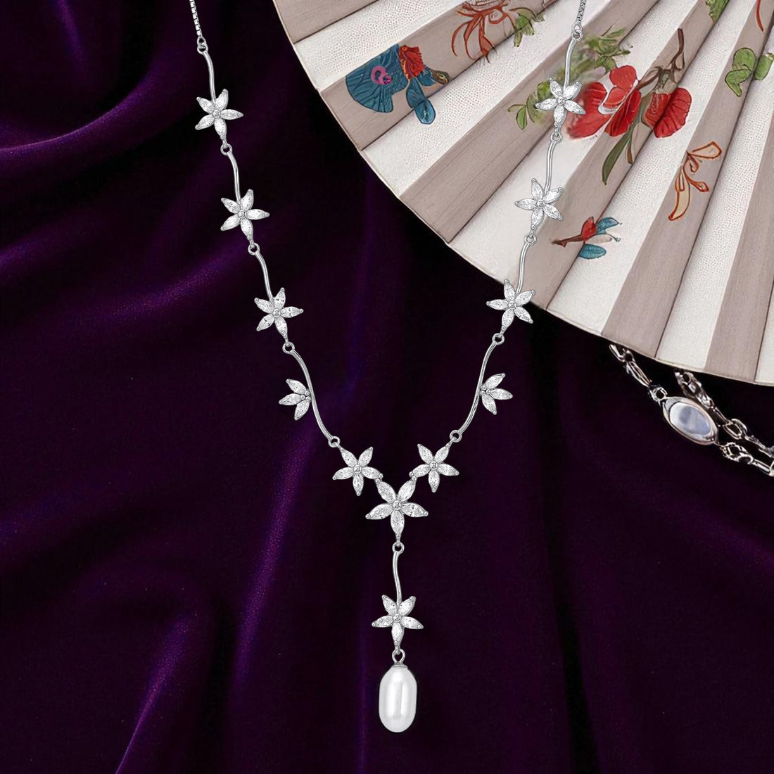 925 Sterling Silver Petite Blossom Lariat Pearl Drop Crystal Petals Necklace for Women