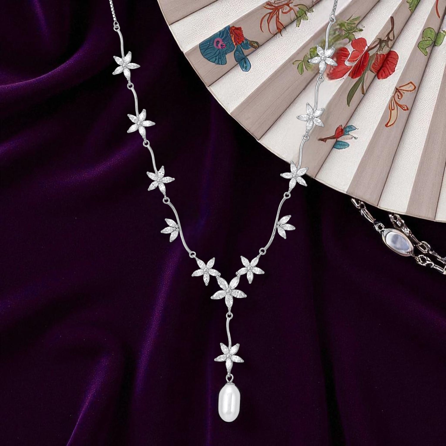 925 Sterling Silver Petite Blossom Lariat Pearl Drop Crystal Petals Necklace for Women