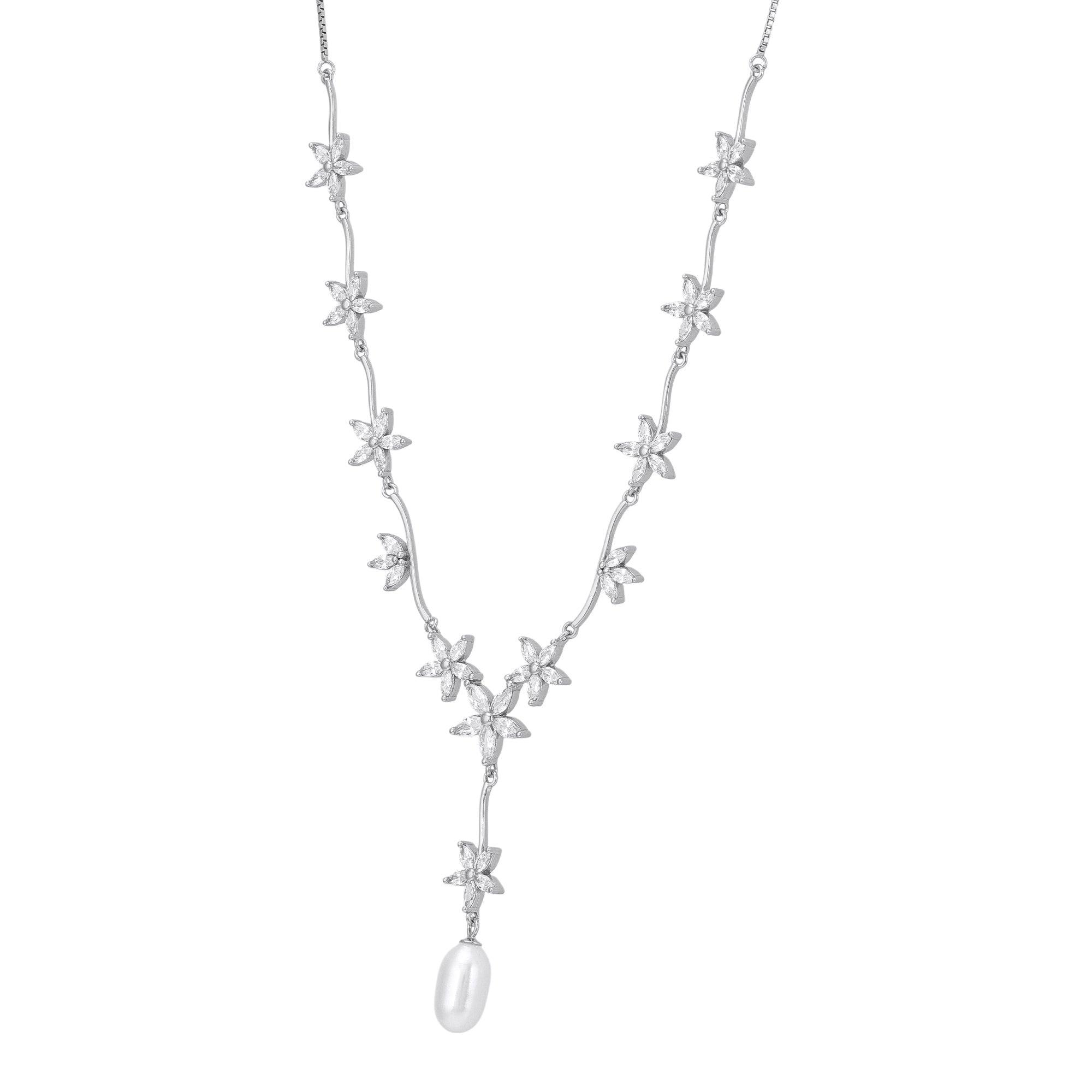 925 Sterling Silver Petite Blossom Lariat Pearl Drop Crystal Petals Necklace for Women