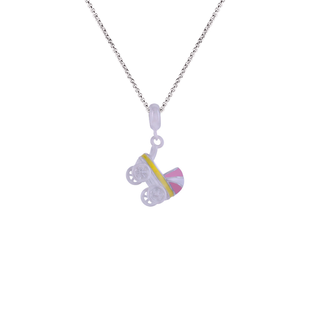 925 Sterling Silver Pink Baby Stroller Rhodium Plated Pendant For Kids