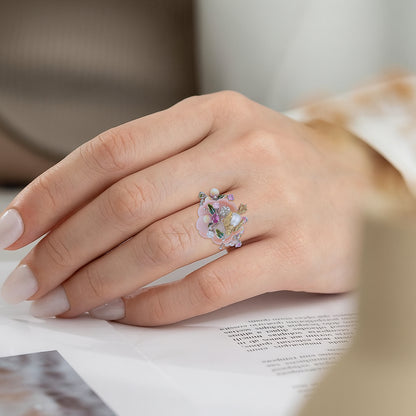 925 Sterling Silver Pink Bloom Bird Pearl Cluster Rings For Women