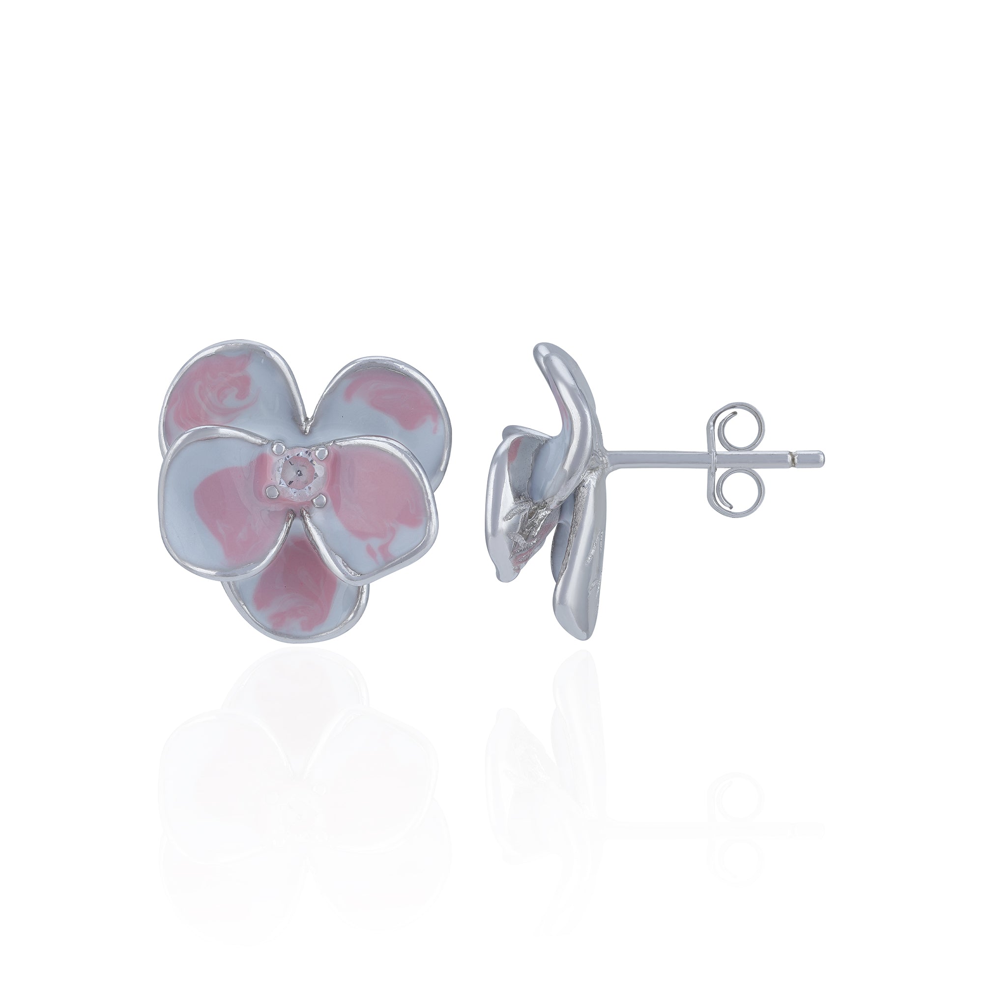   925 Sterling Silver Pink Enamel Blossom Stud for Women