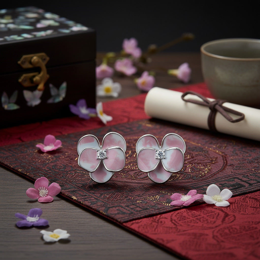 Pink flower-shaped earrings with a diamond on a decorative surface with flowers and a tea cup.
