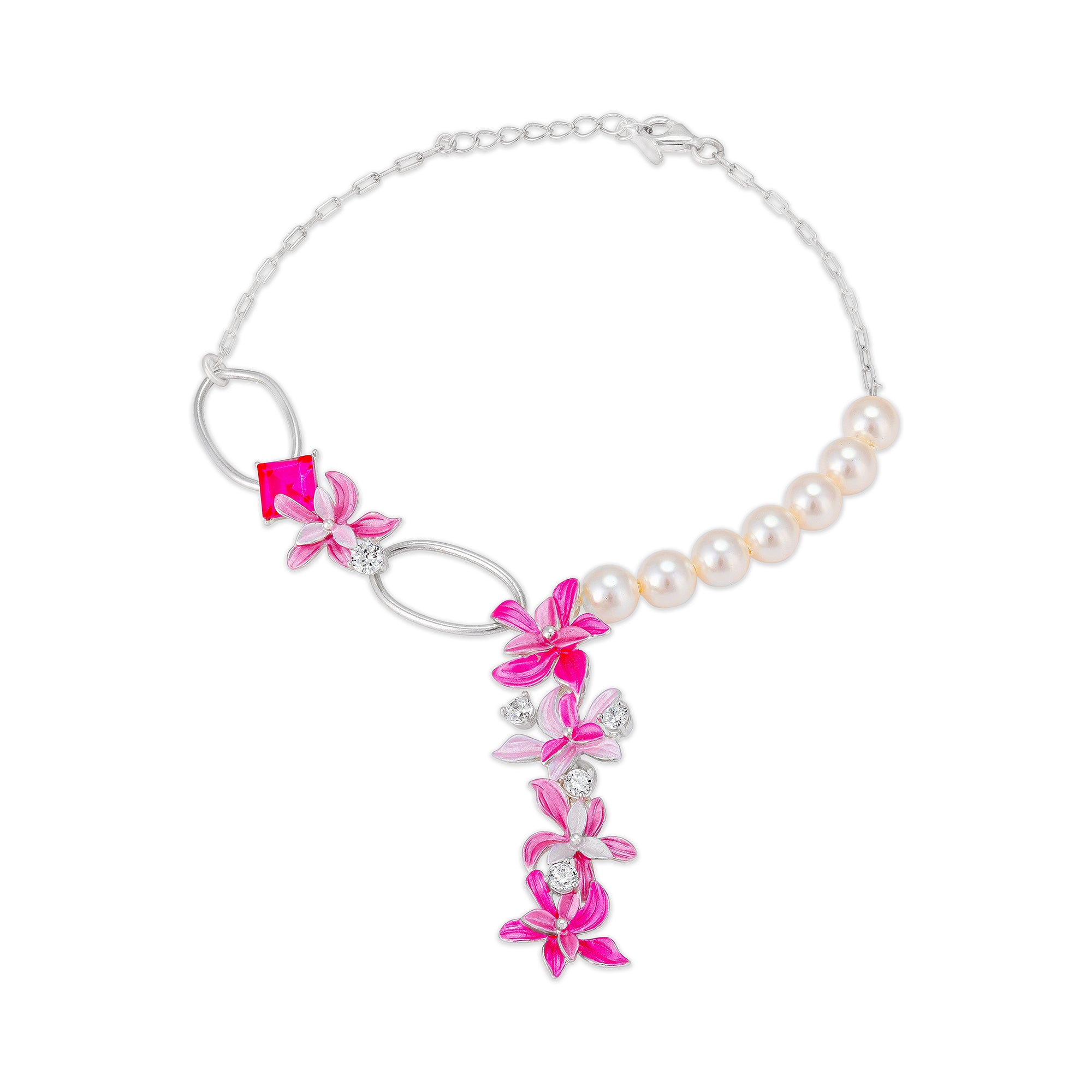 925 Sterling Silver Pink Floral Cascade Pearl Chain Bracelet for Girls