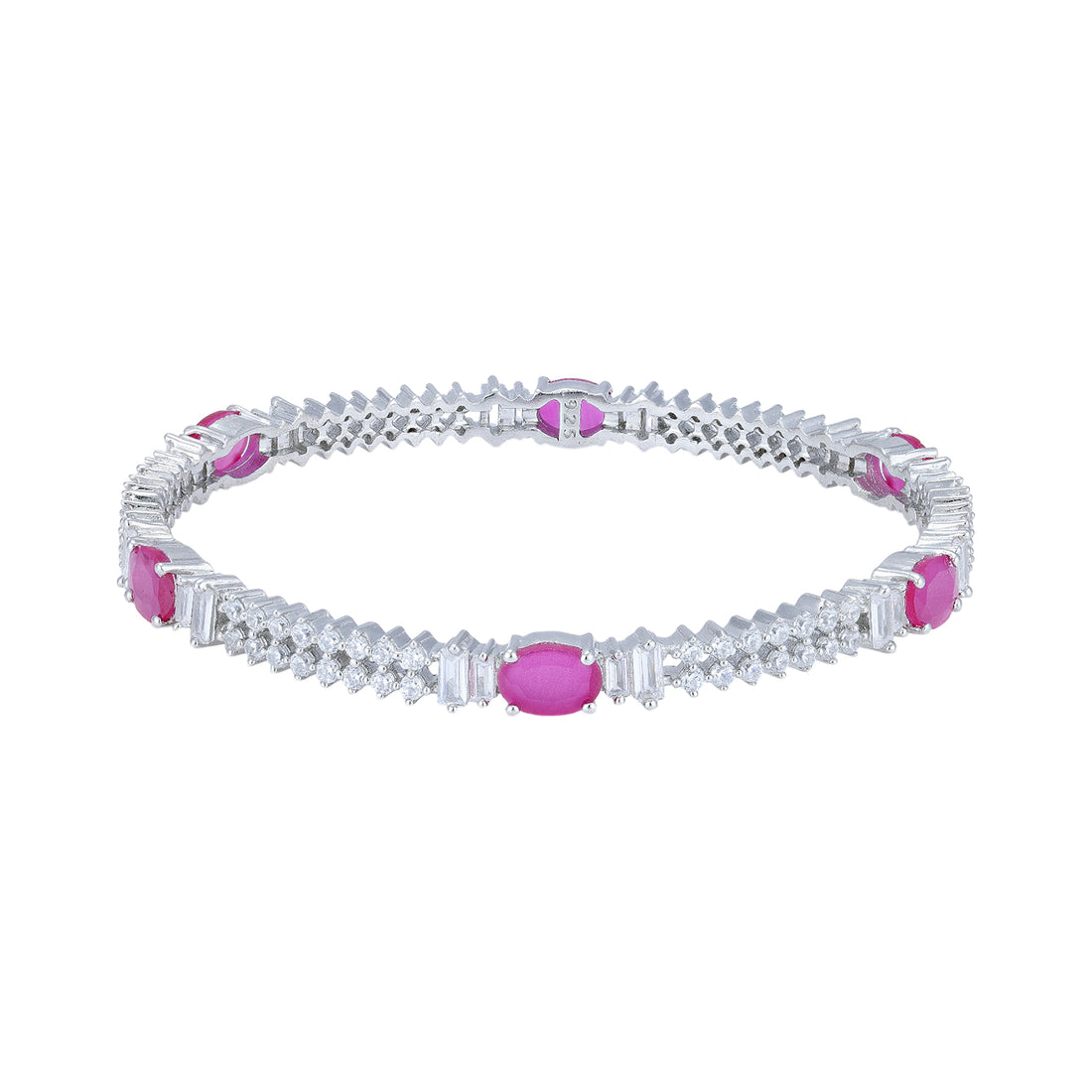 925 Sterling Silver Pink Oval Zigzag Baguette Bangle for Women