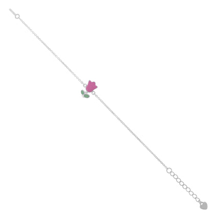 925 Sterling Silver Pink Tulip Charm Rhodium Plated Bracelets For Kids