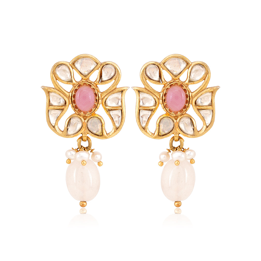 925 Sterling Silver Polki Dangling Pearl Earring