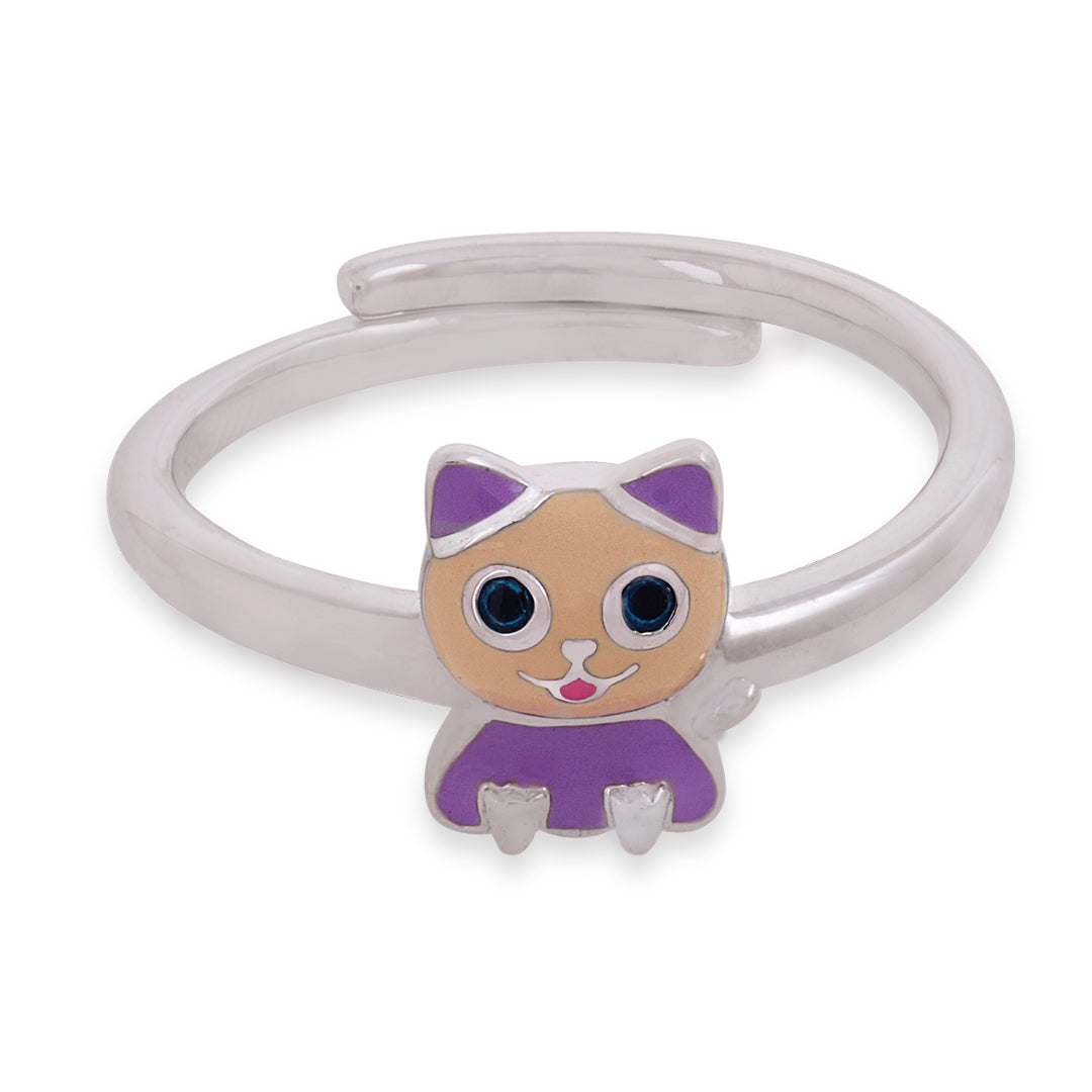925 Sterling Silver Purple Kitty Rhodium Plated Ring For Kids