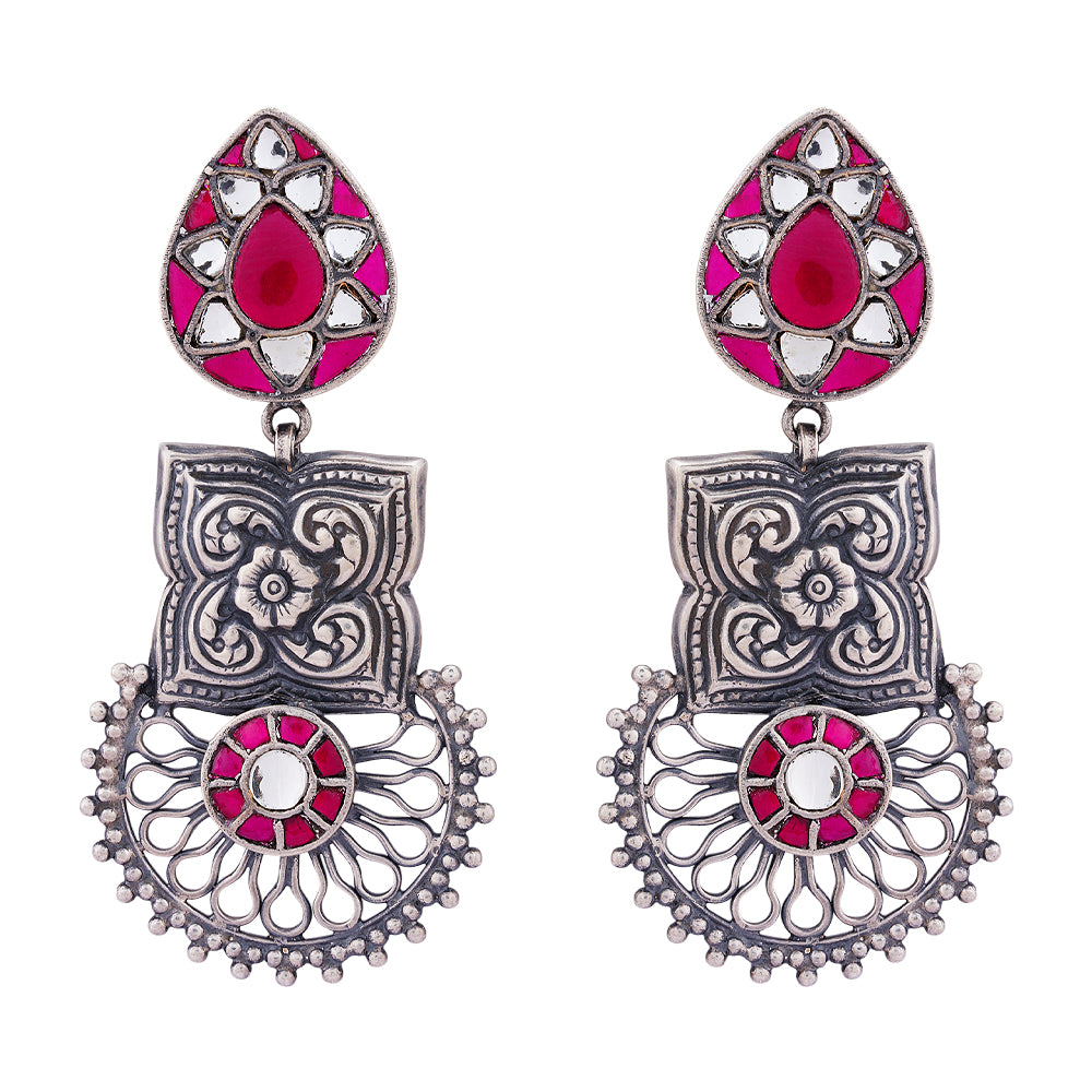 925 Sterling Silver Radial Red  Kundan Earring