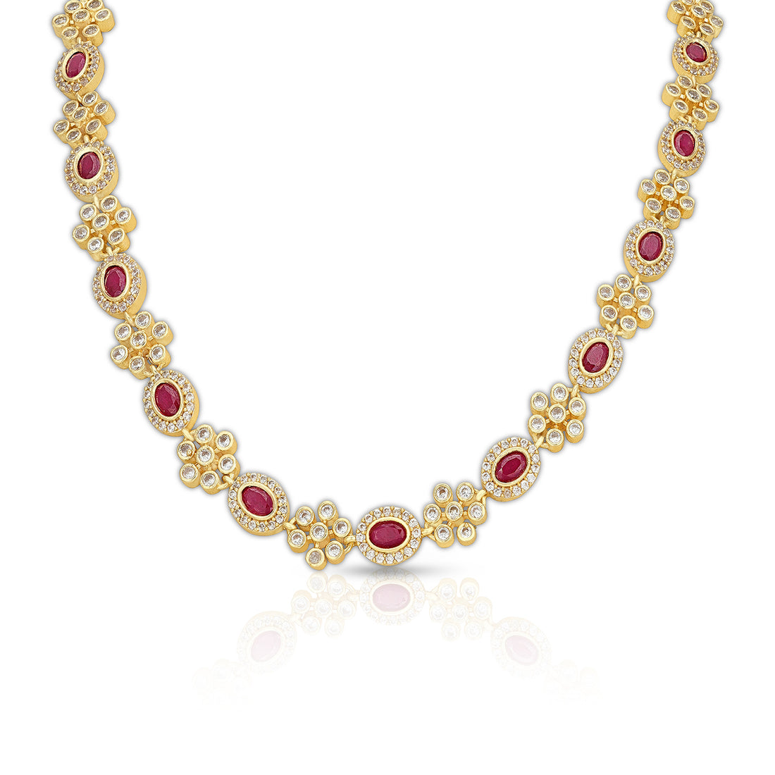 925 Sterling Silver Radiant Ruby Crystal Flower Link Necklace for Women