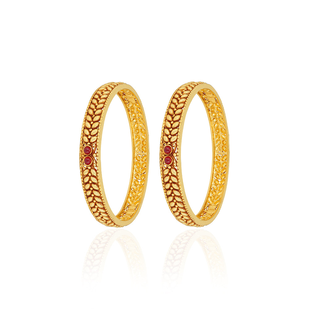 925 Sterling Silver Raised Leaf Motifs Twin Red Accents Gold Plated Bangles for Women