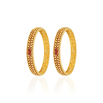 925 Sterling Silver Raised Leaf Motifs Twin Red Accents Gold Plated Bangles for Women