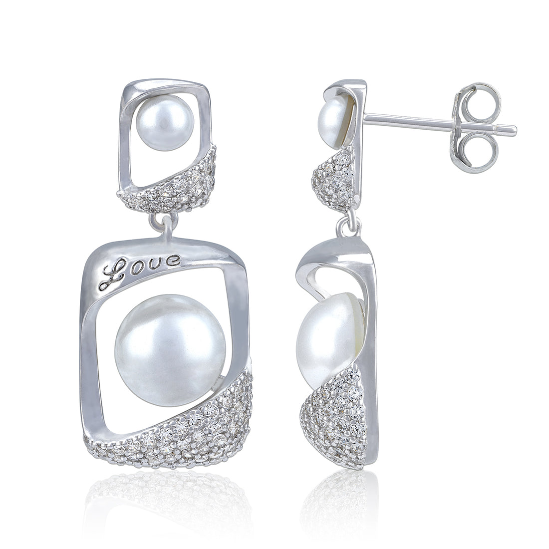 925 Sterling Silver Rectangular Drop with Double Pearl and &