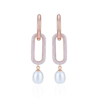 925 Sterling Silver Rectangular Link Pearl Earring for Women