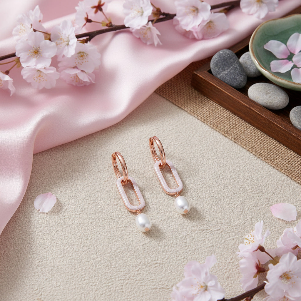 Rose gold earrings with pearls on a light surface surrounded by cherry blossoms and stones.