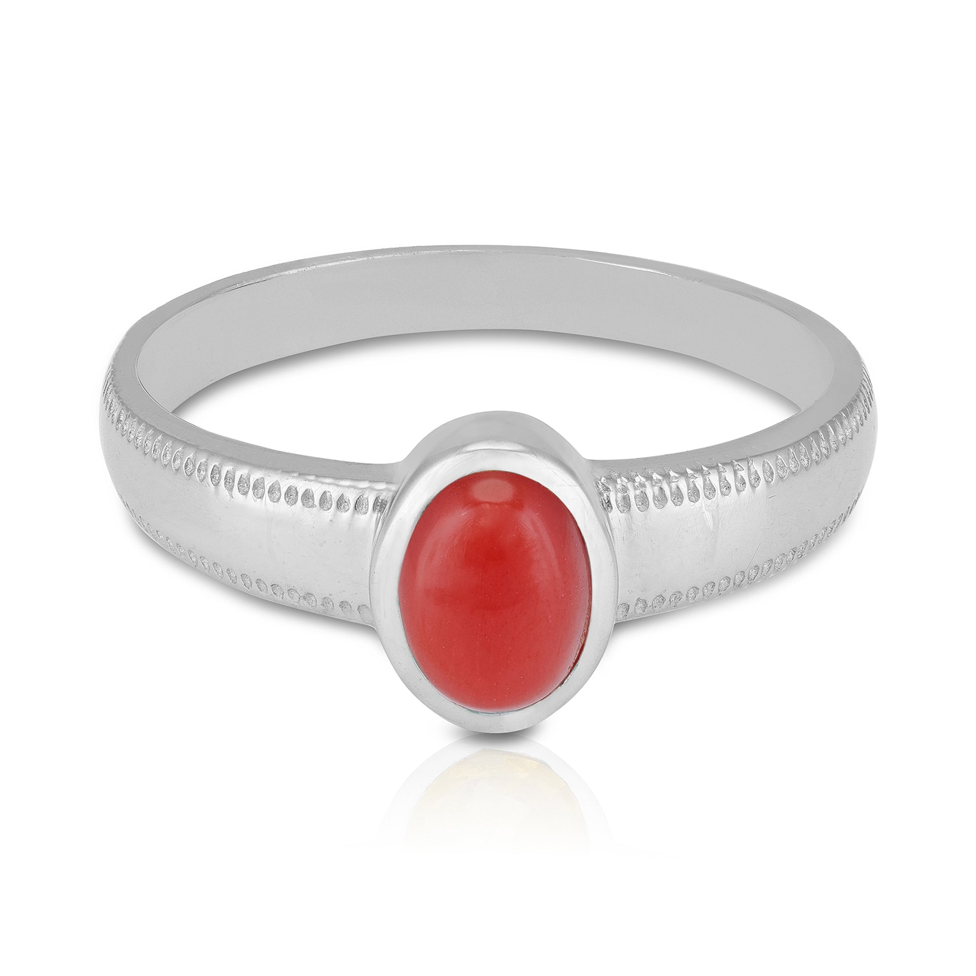 925 Sterling Silver Red Coral Embossed Beaded Rim Rhodium Plated Ring for Men