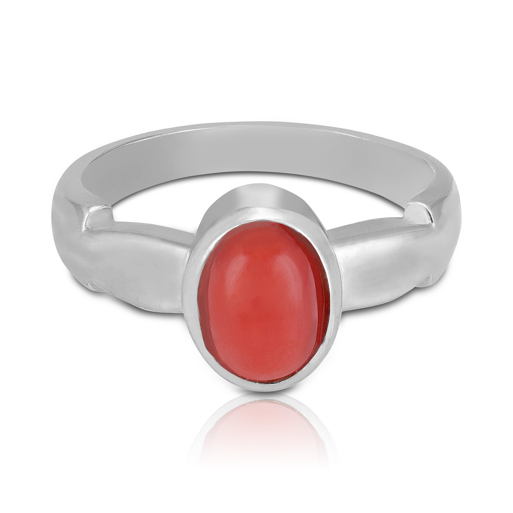 925 Sterling Silver Red Coral Polished Bezel Smooth Curved Band Ring for Men