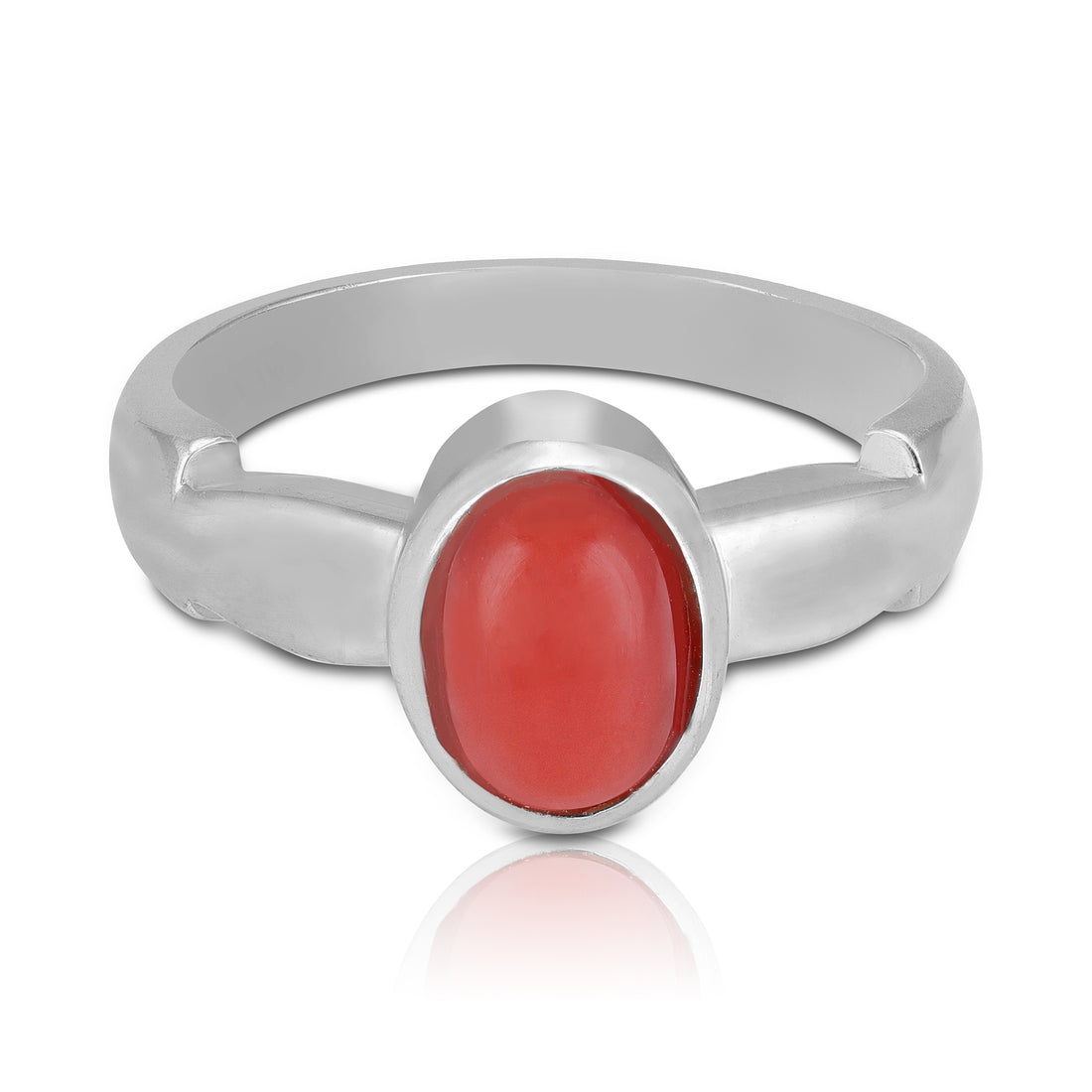 925 Sterling Silver Red Coral Polished Bezel Smooth Curved Band Ring for Men