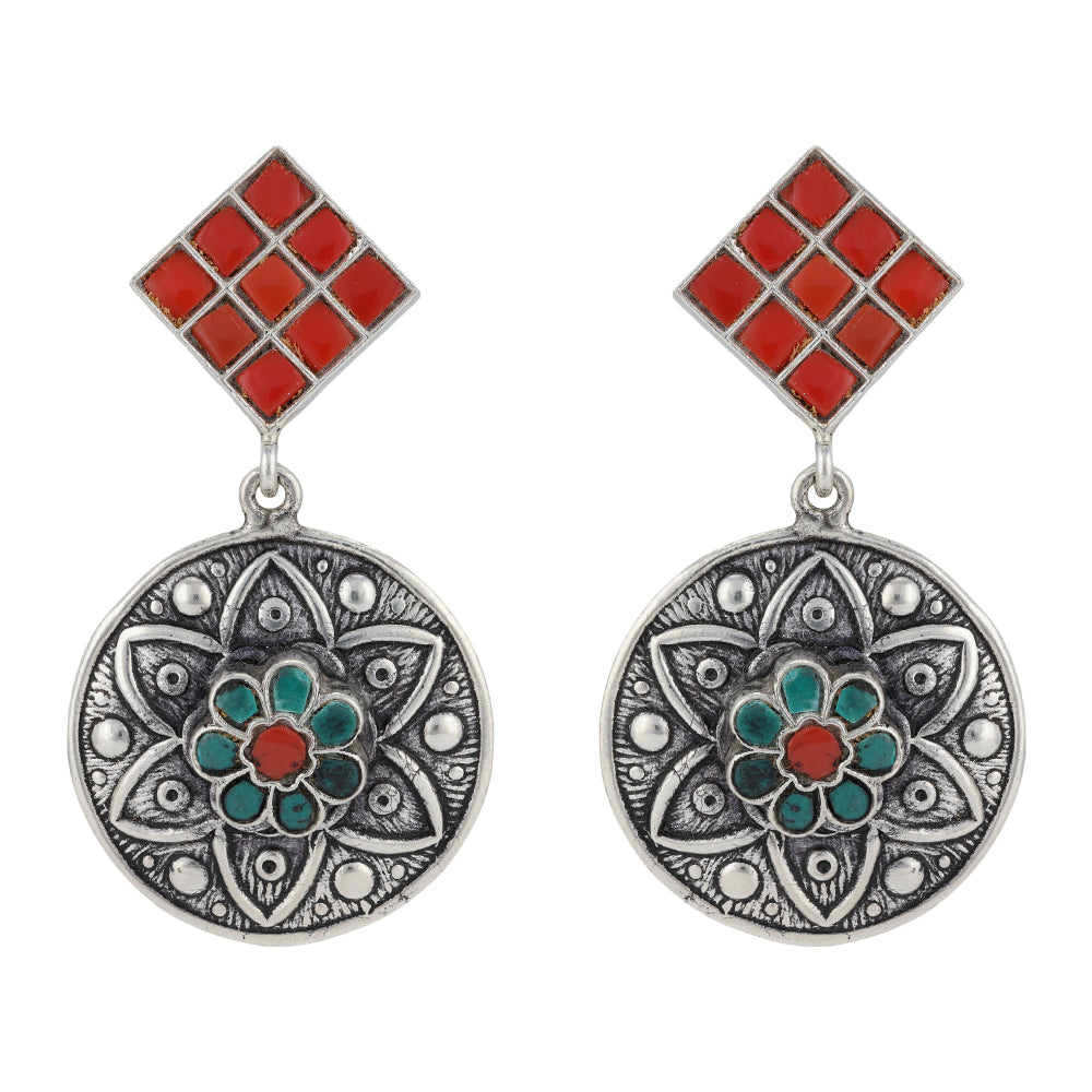925 Sterling Silver Red Cube Mandala Pattern Drop Earrings For Women