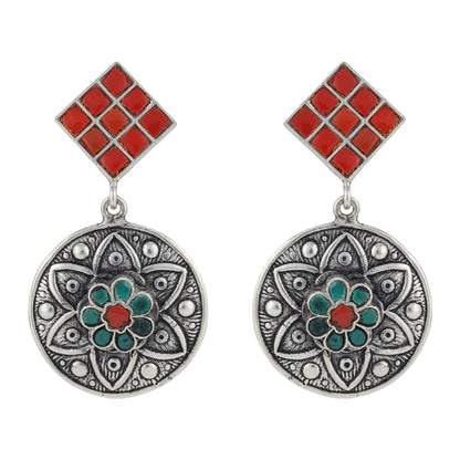 925 Sterling Silver Red Cube Mandala Pattern Drop Earrings For Women
