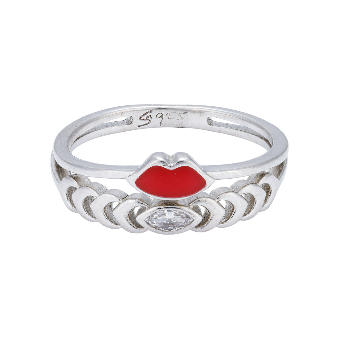925 Sterling Silver Red Lips and Stone Charm Open Band Ring for Women