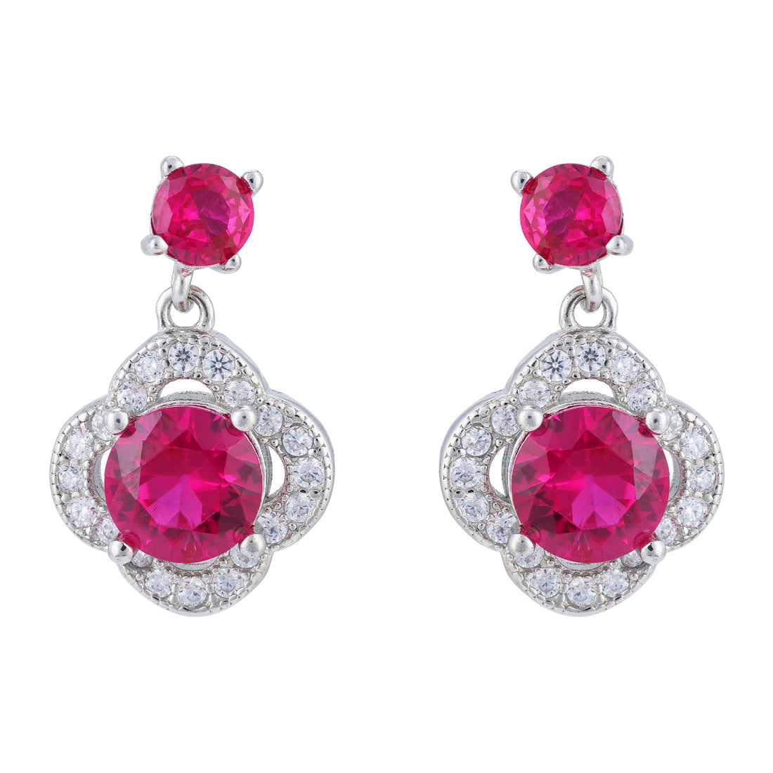 925 Sterling Silver Red Stone Floral Drop Earrings For Women