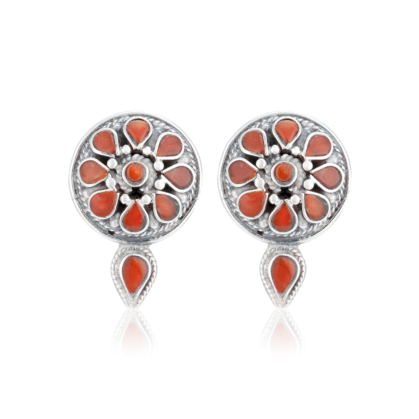 925 Sterling Silver Red Tear Motif Floral Shape Earrings For Women