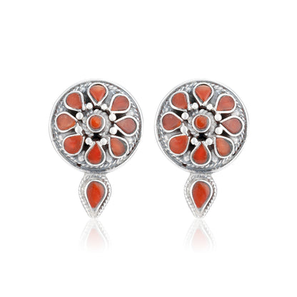 925 Sterling Silver Red Tear Motif Floral Shape Earrings For Women