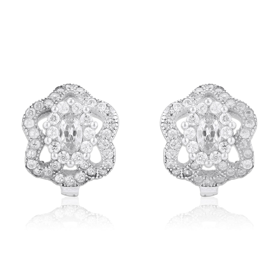 925 Sterling Silver Regal Crystal Encrusted Floral Marquise Centerpiece Rhodium Plated Earrings for Women